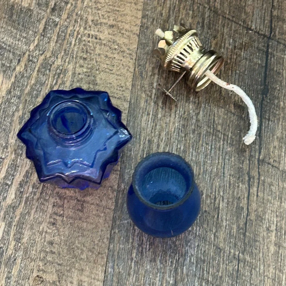 Vintage Cobalt Blue Glass Miniature Oil Lamps Set of 2 Tiny Decor